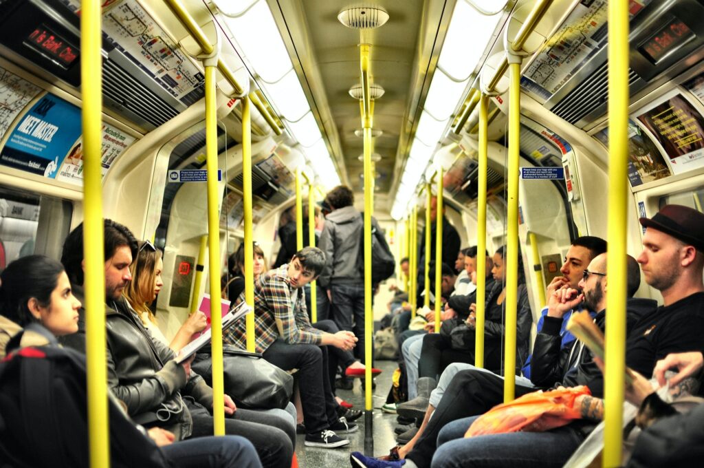 Passengers on London underground train
