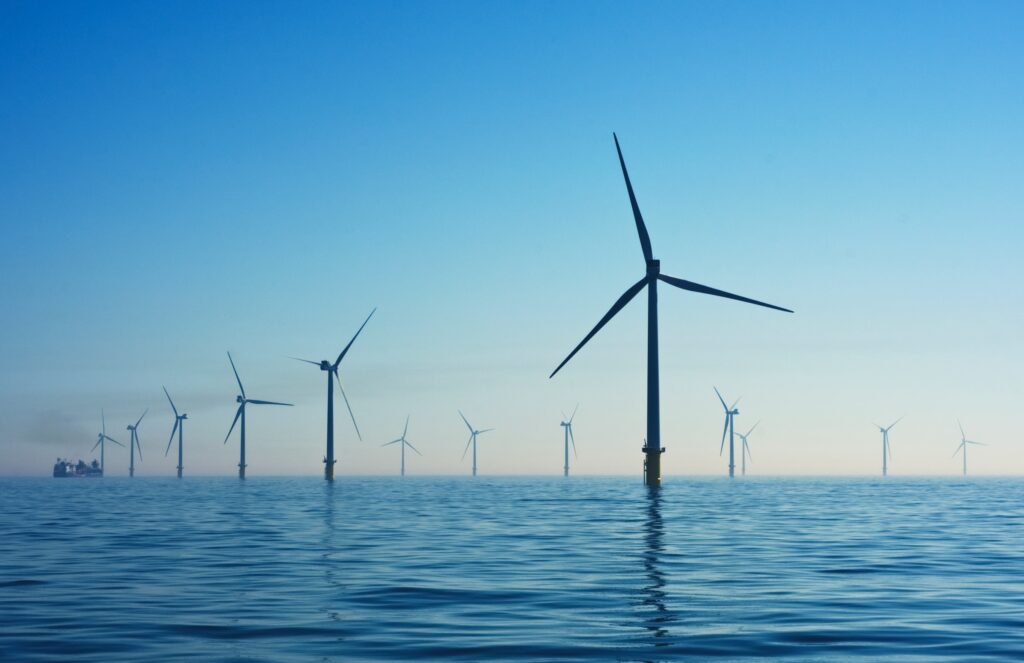 Wind turbines in the sea at Rampion Offshore Wind Farm, United Kingdom