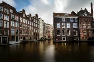 Buildings in Amsterdam, river in foreground