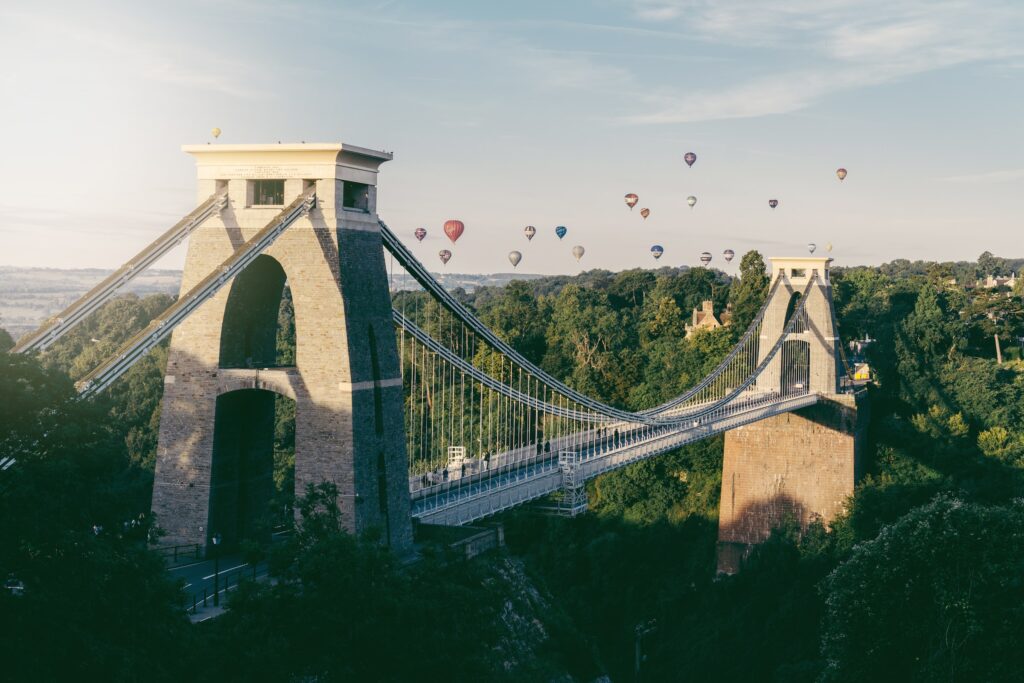 Clifton Suspension Bridge, Bristol. Hot air balloons in the background.